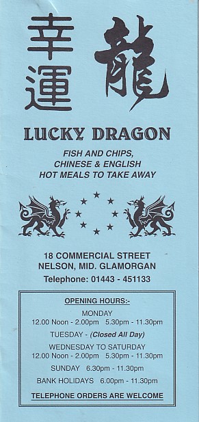 Menu of Lucky Dragon Nelson