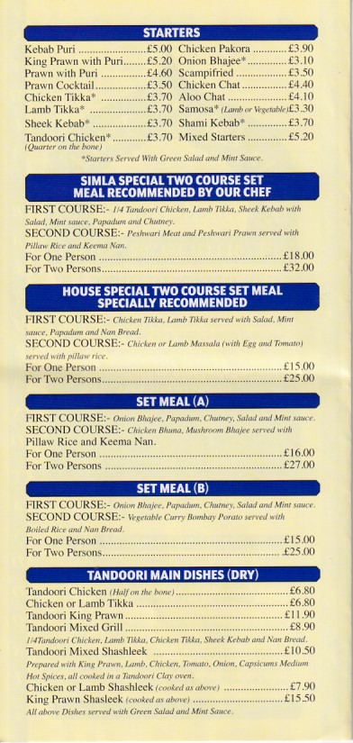 Menu of Simla Balti Indian Takeaway in Nelson