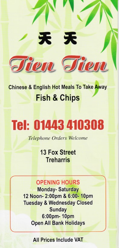 Menu of Tien Tien Chinese Takeaway in Treharris