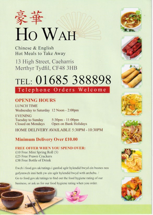 Menu of Ho Wah Chinese Takeaway in Merthyr Tydfil