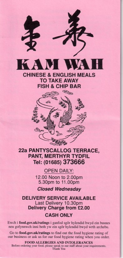 Menu of Kam Wah Chinese Takeaway in Pant, Merthyr Tydfil