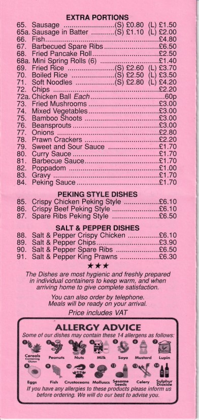 Menu of Kam Wah Chinese Takeaway in Pant, Merthyr Tydfil