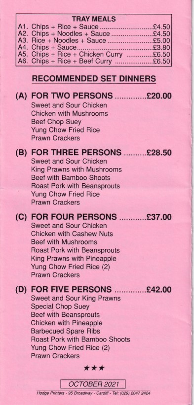 Menu of Kam Wah Chinese Takeaway in Pant, Merthyr Tydfil