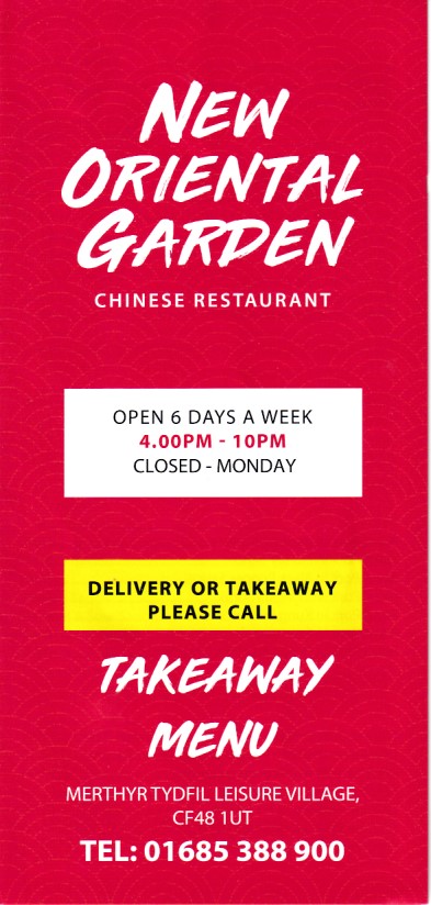 Menu of New Oriental Garden Chinese takeaway in Merthyr Tydfil