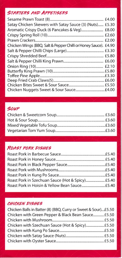 Menu of New Oriental Garden Chinese takeaway in Merthyr Tydfil